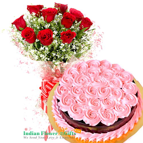 send half kg eggless pink roses chocolate cake n 10 red roses bouquet delivery