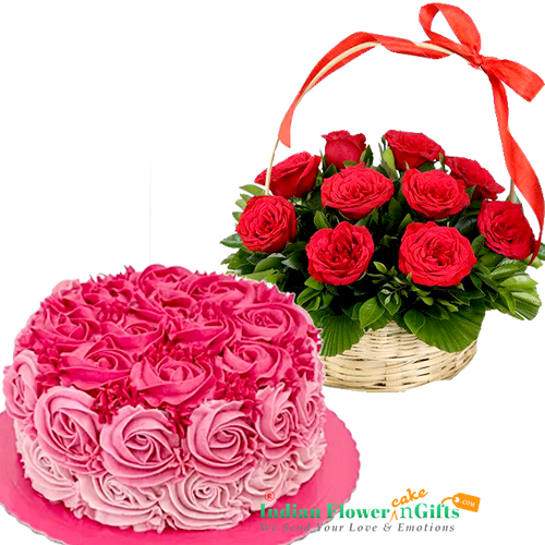 send half kg eggless designer floral chocolate cake n 15 red roses basket delivery