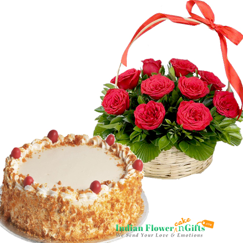 1Kg Eggless Butterscotch Cake N Red Roses Basket