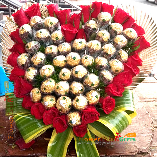send 48 ferocher chocolate and 30 roses heart shape  arrangement delivery