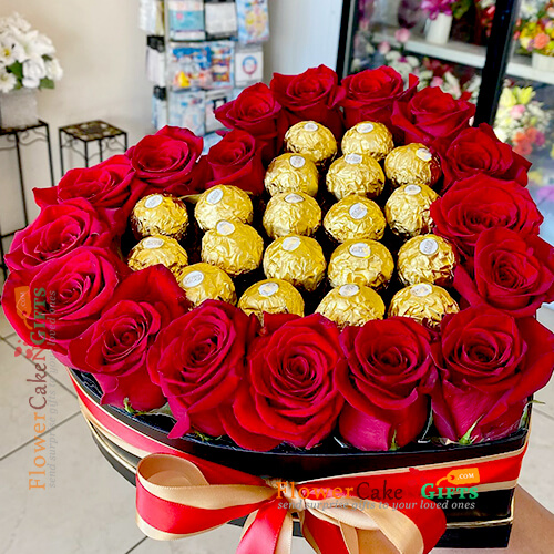 send red roses with ferocher chocolate heart shape arrangement delivery