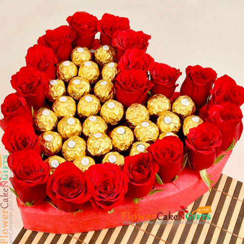 send 20 red roses with 24 ferocher chocolate heart shape arrangement delivery