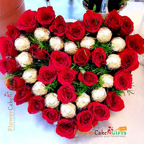 send 28 red roses with 16 ferocher chocolate heart shape arrangement delivery