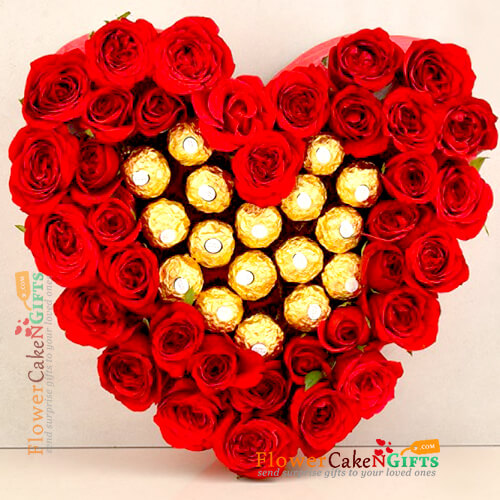 send 40 red roses with 16 ferocher chocolate heart shape arrangement delivery