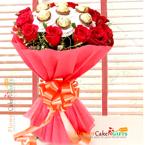 send 12 red roses with 8 ferocher chocolate bouquet delivery