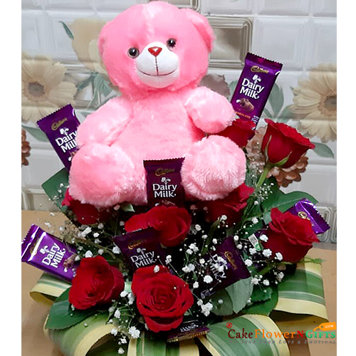 send exotic red roses chocolate teddy basket delivery