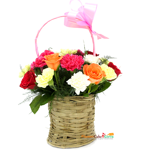 send 7 carnations 8 roses in mix flower basket delivery