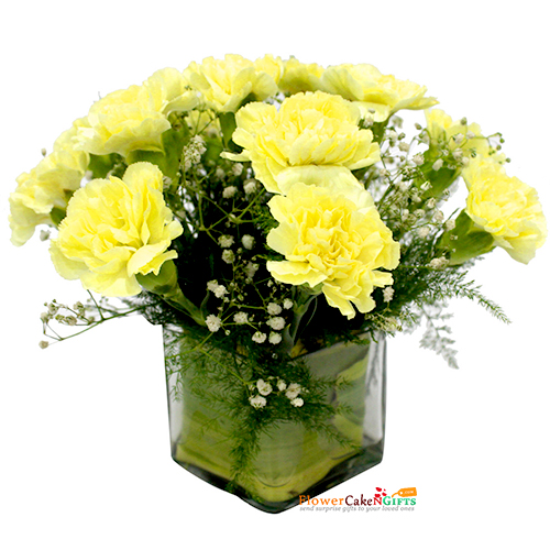 send 10 yellow carnations vase delivery