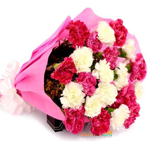 send 15 white pink carnations bouquet delivery