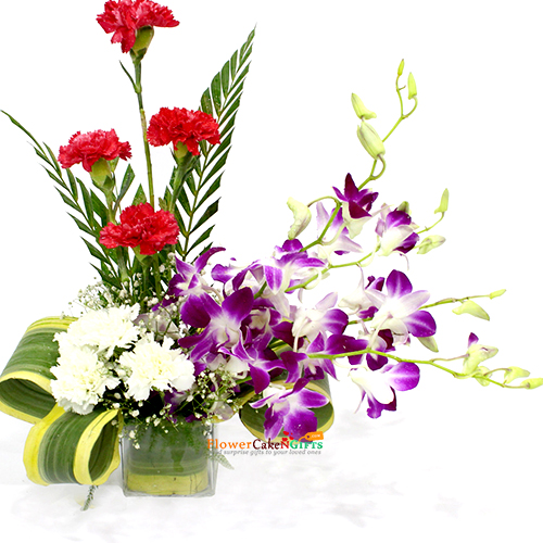 send 4 purple orchids 8 red white carnations vase delivery