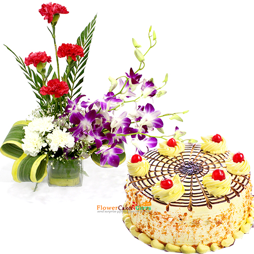 half kg eggless butterscotch cake n orchids carnations vase