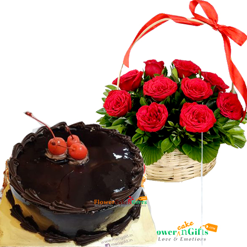 send Eggless Chocolate Traffle Cake Half Kg N Red Roses Basket delivery
