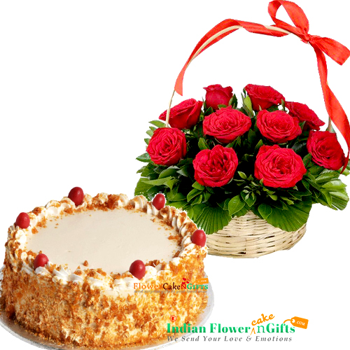 send Eggless Butterscotch Cake Half Kg N Red Roses Basket delivery