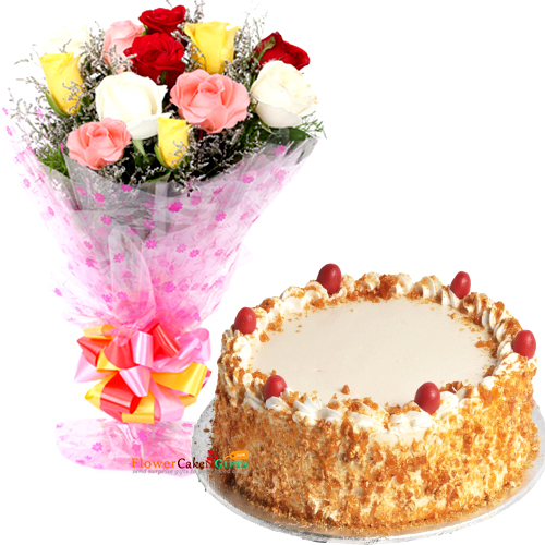 send Eggless Butterscotch Cake N Mix Roses Bouquet delivery