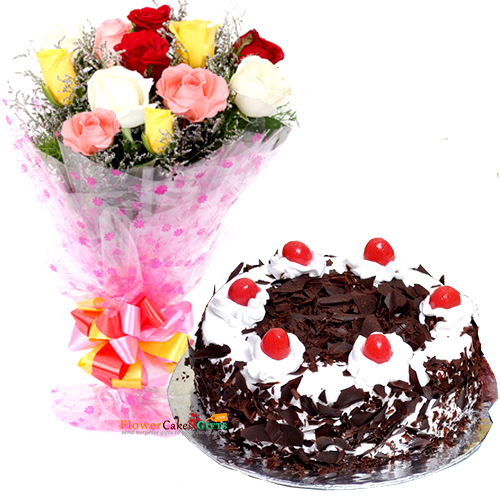 Eggless Black Forest Cake N Mix Roses Bouquet