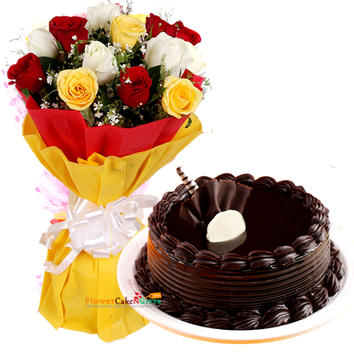 send 1Kg Eggless Chocolate Traffle Cake N Mix Roses Bouquet delivery