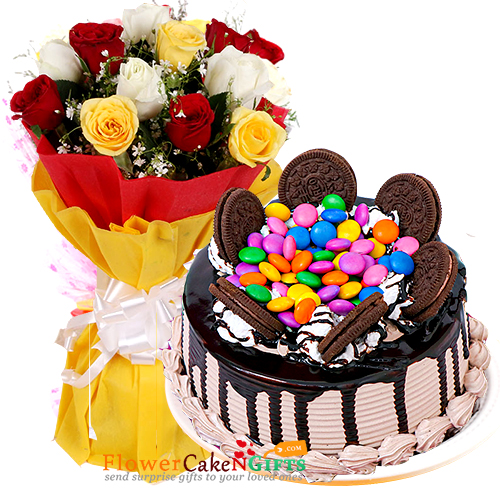 send half kg oreo gems cake n 10 roses bouquet delivery