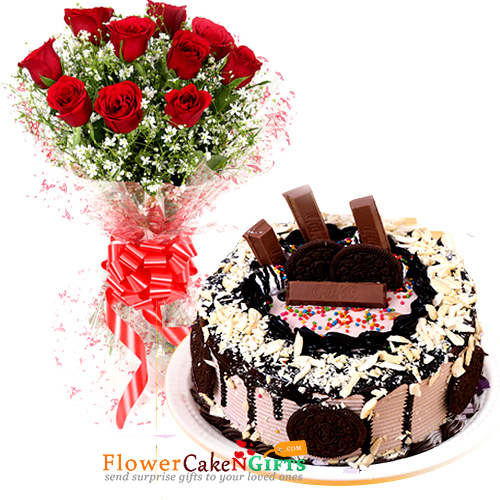 send half kg eggless cashew kitKat oreo dream drip cake n 10 roses bouquet  delivery