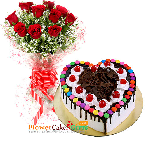 send half kg eggless black forest heart shape gems cake n 10 roses bouquet  delivery