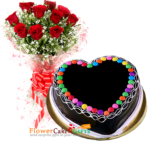 send half kg eggless chocolate heart shape gems cake n 10 roses bouquet delivery