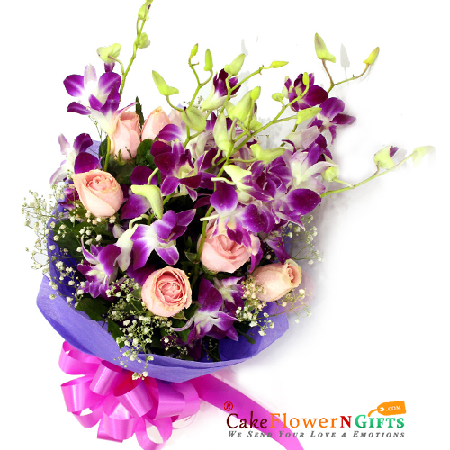 send 10 pink roses 5 purple orchids bouquet delivery