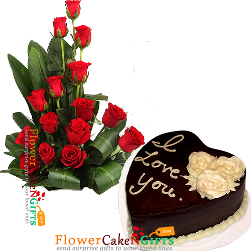 send half kg eggless chocolate heart shape cake n 15 roses bouquet  delivery