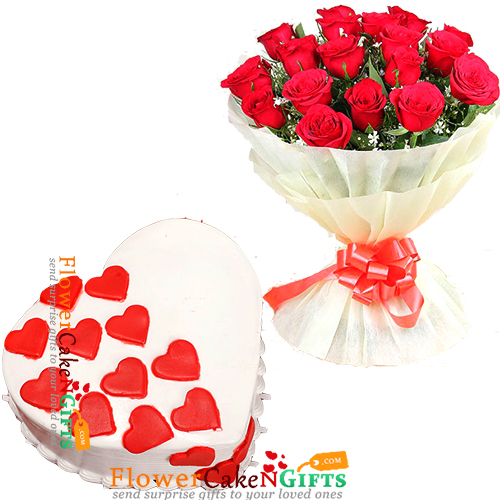 send half kg eggless vanilla heart shape cake n 20 roses bouquet  delivery