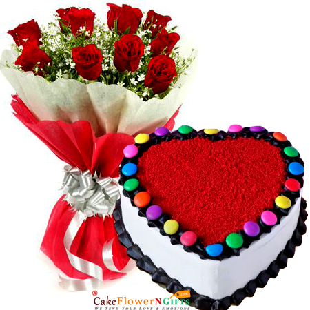 send half kg eggless red velvet gems cake n bouquet delivery