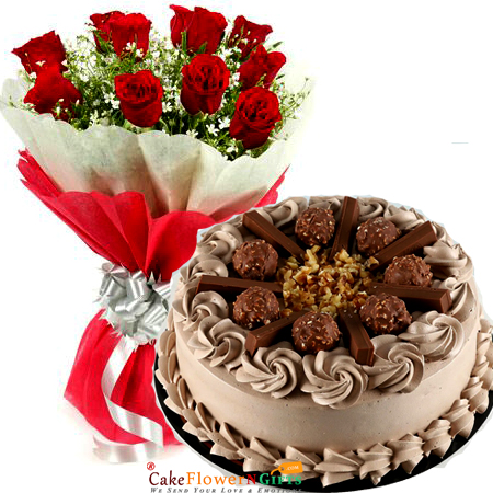 send 1kg eggless rocher kitkat ferrero chocolate cake n 10 roses bouquet  delivery
