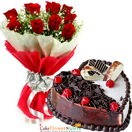 send half kg eggless choco vanilla heart shape cake n 10 roses bouquet  delivery