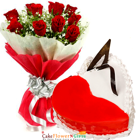 send half kg eggless strawberry vanilla heart shape cake n 10 roses bouquet delivery