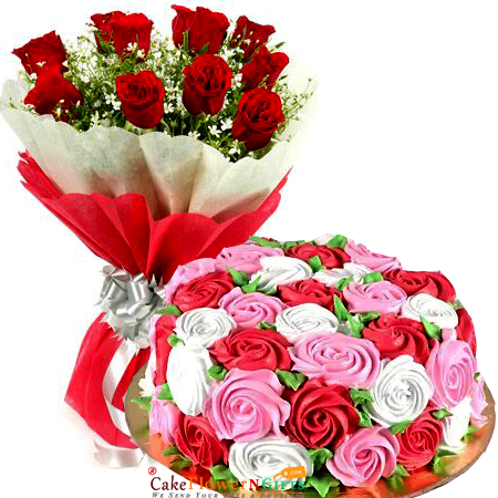 send half kg eggless white red roses designer chocolate cake n bouquet delivery