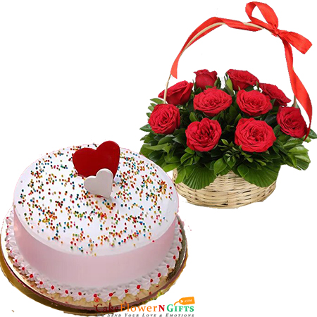 send half kg eggless sprinkle of joy vanilla cake roses basket delivery