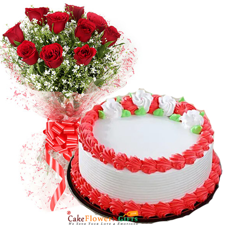 send half kg eggless  ambrosial vanilla cake roses bouquet delivery