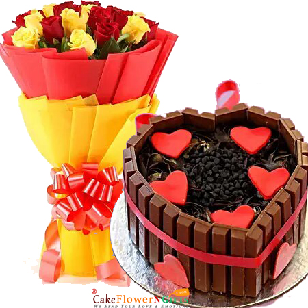 send 1kg eggless heart shaped kitkat cake and 10 roses bouquet delivery