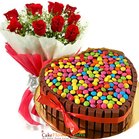 send Half Kg eggless Hearty Choco Kitkat Cake roses bouquet delivery