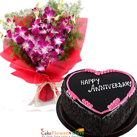 send half kg heart shape chocolate cake and 6 orchid bouquet delivery