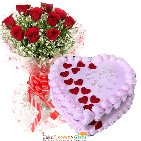 send half kg eggless floral heart vanilla cake 10 red roses basket delivery