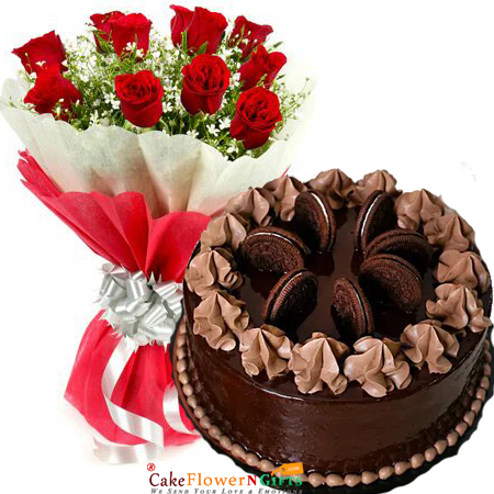 send half kg eggless Irresistible Chocolate Oreo Cake 10 red roses bouquet delivery