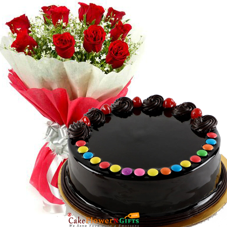 half kg eggless delicious truffle gems cake roses bouquet