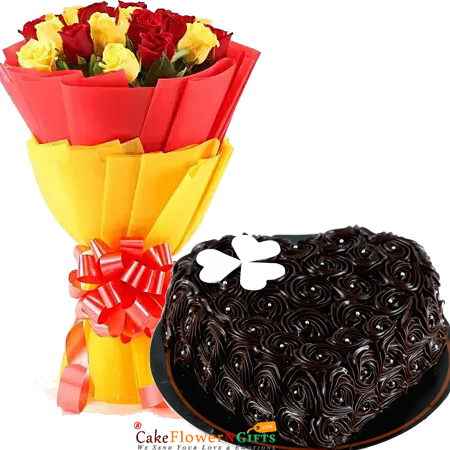 half kg eggless heart shaped designer truffle cake roses bouquet