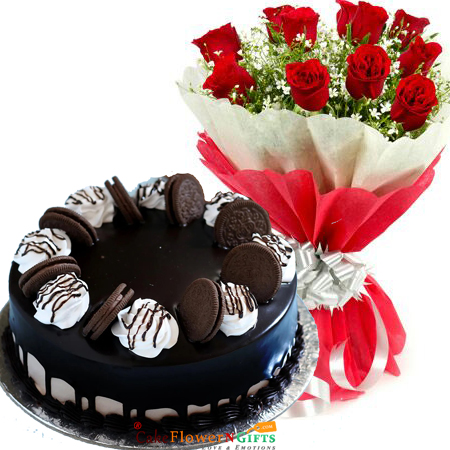send half kg eggless oreo cake roses bouquet delivery