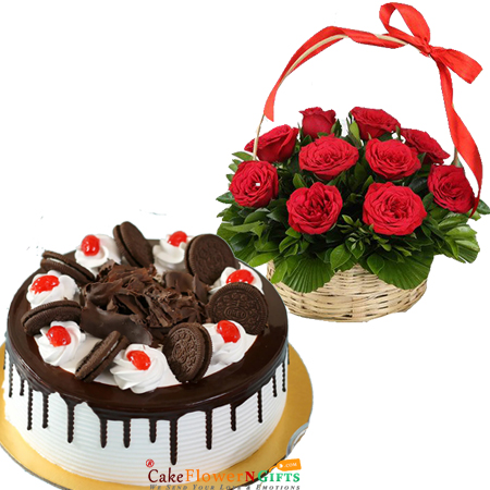 send half kg eggless oreo cake 15 roses basket delivery