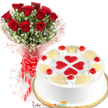 send half kg eggless pineapple with hearts cake roses bouquet delivery