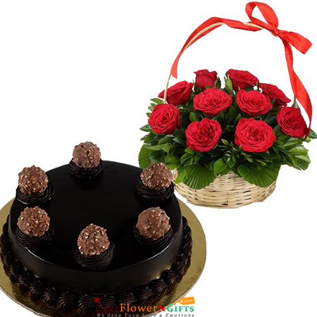 send half kg eggless ferrero rocher cake and 15 red roses basket delivery