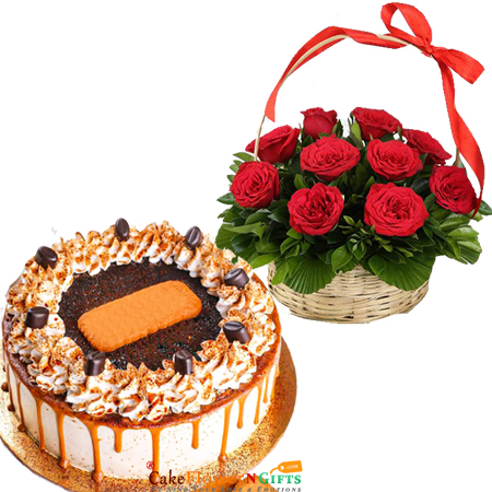 send half kg eggless cookies butterscotch cake roses basket delivery
