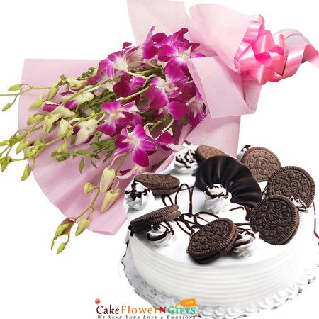 send half kg eggless Supreme Oreo Cake 6 orchid bouquet delivery