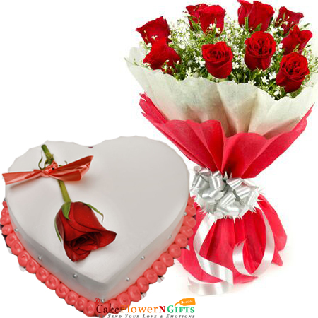 send half kg eggless tempting heart shape vanilla cake roses bouquet delivery