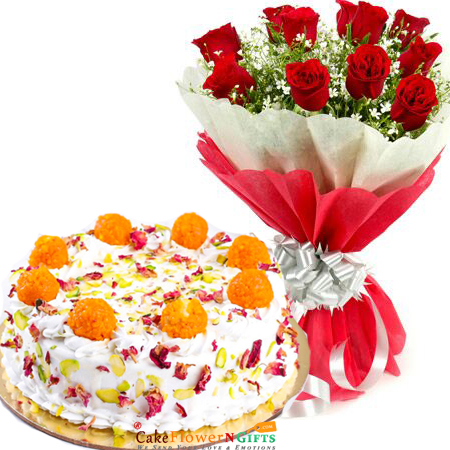 send half kg eggless motichoor ladoo cake 10 roses bouquet delivery