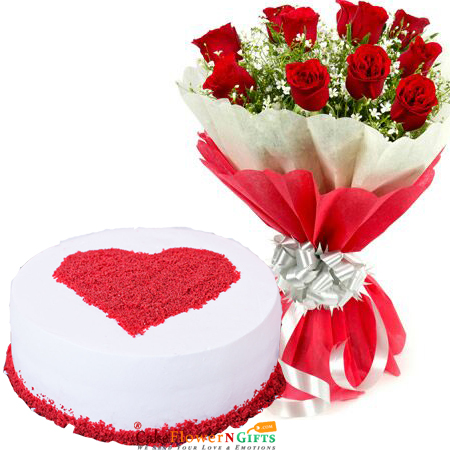 send half kg eggless designer red velvet cake 10 roses bouquet delivery